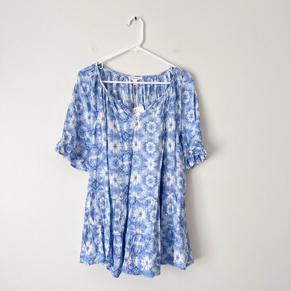 Beach Lunch Lounge Blue Tie Dye Boho Peasant Blouse XL Flowy Babydoll Top NWT - Picture 2 of 9